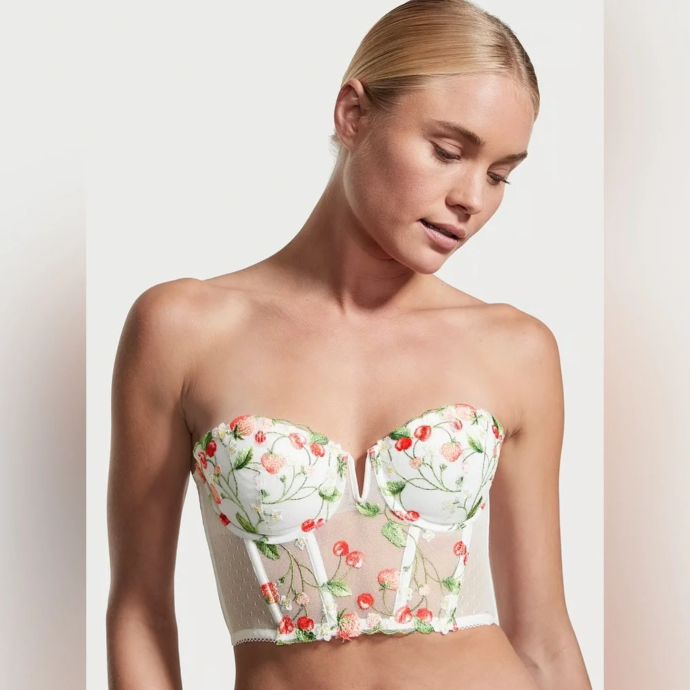 Victoria’s Secret Strawberry Floral Embroidered Bustier Corset Top 32B Coquette - Picture 1 of 11